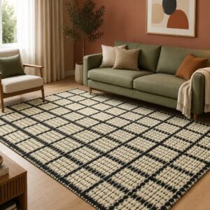 Hand Knotted Wool Rug Ivory Black Windowpane Grid